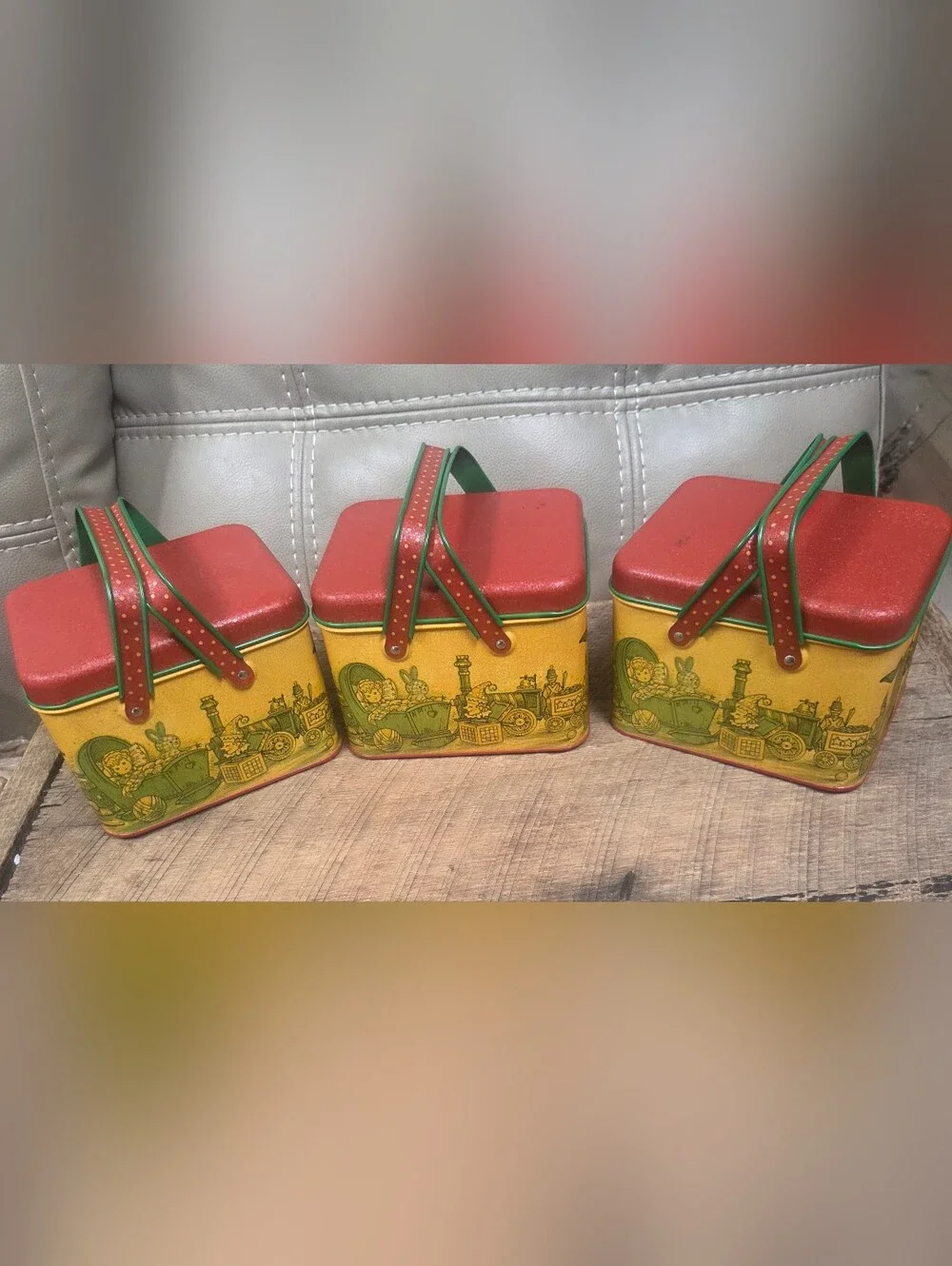 Vintage Potpourri Press Toy Basket Tin Set of 3, 1980s Retro Circus Train B1N